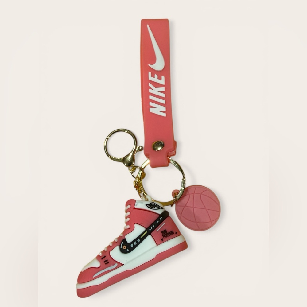 Nike Pink and White Sneaker Keychain with Basketball Charm